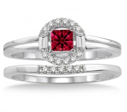 1.25 Carat Ruby & Diamond Elegant Halo Bridal Set  on 10k White Gold