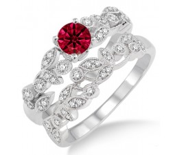 1.25 Carat Ruby & Diamond Antique Flower Bridal Set  on 10k White Gold