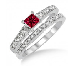 1.5 Carat Ruby & Diamond Antique Flower Bridal Set  on 10k White Gold