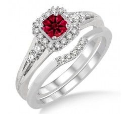 1.5 Carat Ruby & Diamond Bridal Set Halo Engagement Ring Bridal Set on 10k White Gold