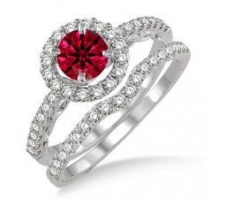 1.5 Carat Ruby & Diamond Antique Floral Halo Bridal set  on 10k White Gold