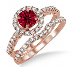 1.5 Carat Ruby & Diamond Antique Floral Halo Bridal set on 10k Rose Gold