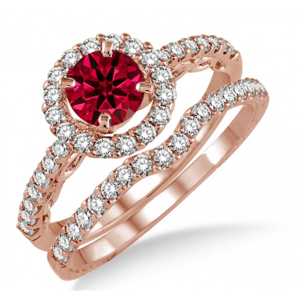 1.5 Carat Ruby & Diamond Antique Floral Halo Bridal set on 10k Rose ...