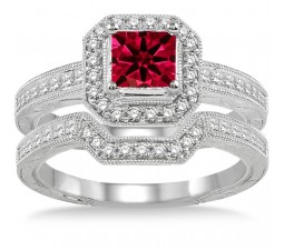 2 Carat Ruby & Diamond Antique Halo Bridal set on 10k White Gold