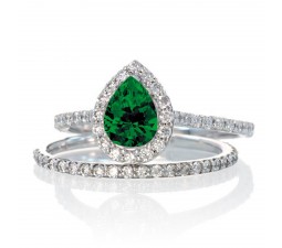 2 Carat Pear Cut Emerald Halo Bridal Set for Woman on 10k White Gold