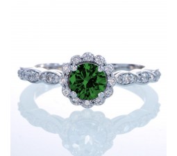 1.5 Carat Round Cut Emerald and Diamond Flower Vintage Designer Engagement Ring on 10k White Gold