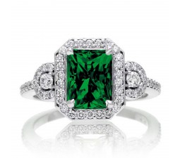 3 Carat Emerald Cut Emerald and White Diamond Halo Engagement Ring on 10k White Gold