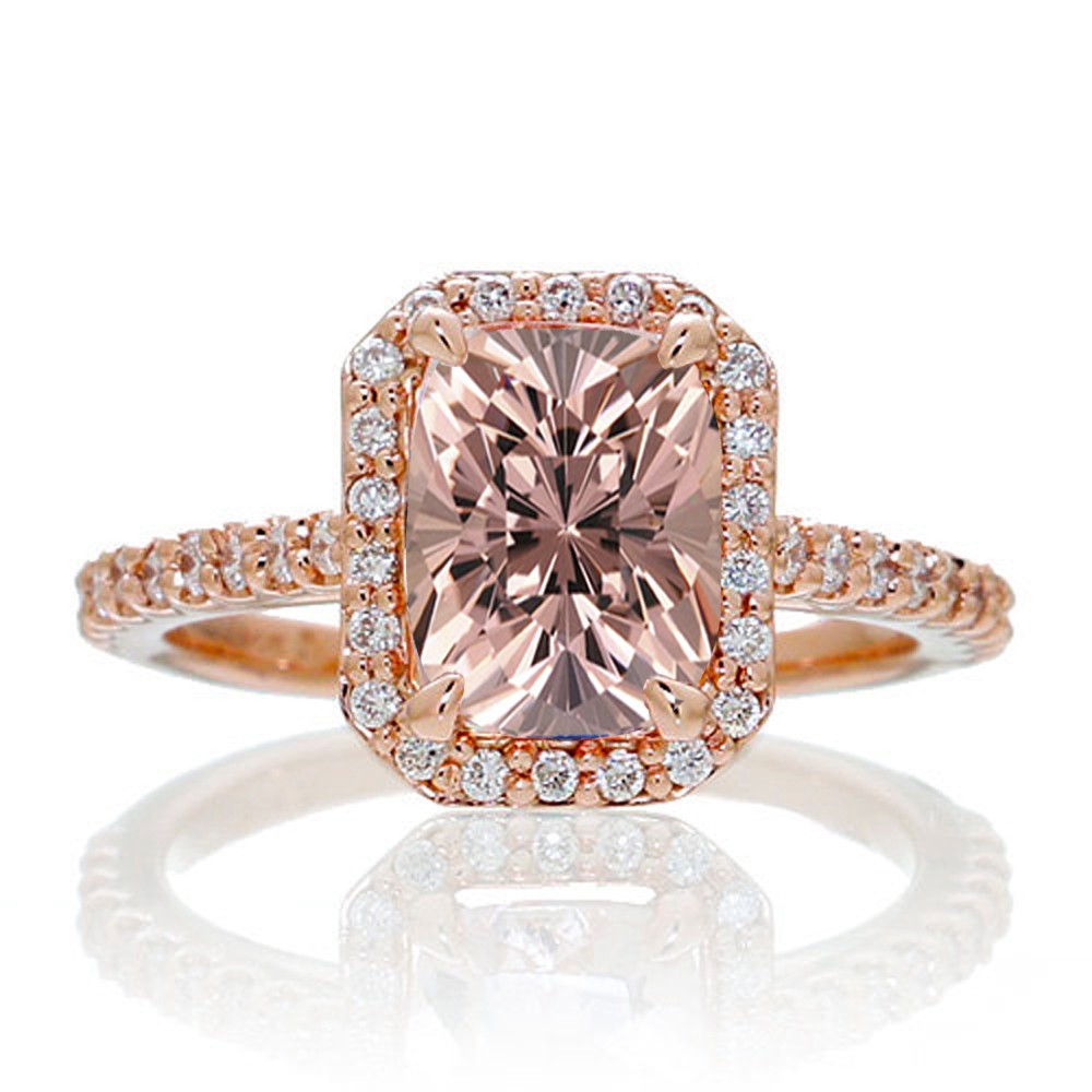 1.5 Carat Emerald Cut Morganite and Diamond Halo Engagement Ring on 10k ...