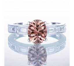 1.5 Carat Oval Cut Emerald and Baguette Diamond Milgrain Engagement Ring on 10k White Gold