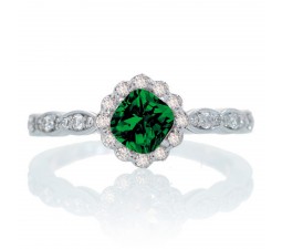 1.25 Carat Cushion Cut Classic Flower Design Antique Emerald and Diamond Engagement Ring on 10k White Gold