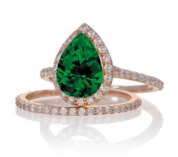 2 Carat Emerald and Diamond Halo Bridal Ring Set on 10k Rose Gold