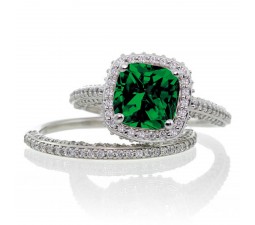 2.5 Carat Cushion Cut Designer Emerald and Diamond Halo Wedding Ring Set on 10k White Gold