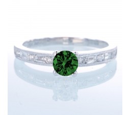 1.5 Carat Round cut Vintage Emerald and Diamond Engagement Ring on 10k White Gold
