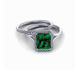 2.00 carat Emerald Cut Emerald and Diamond Halo Bridal Set in 10k White Gold