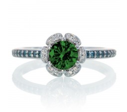 1.5 Carat Unique Flower Halo Round Emerald and Diamond Engagement Ring on 10k White Gold