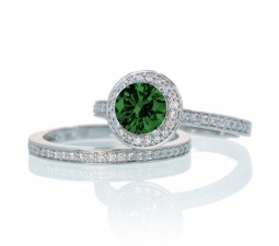 2 Carat Unique Classic Halo Round Emerald and Diamond Bridal Ring Set on 10k White Gold