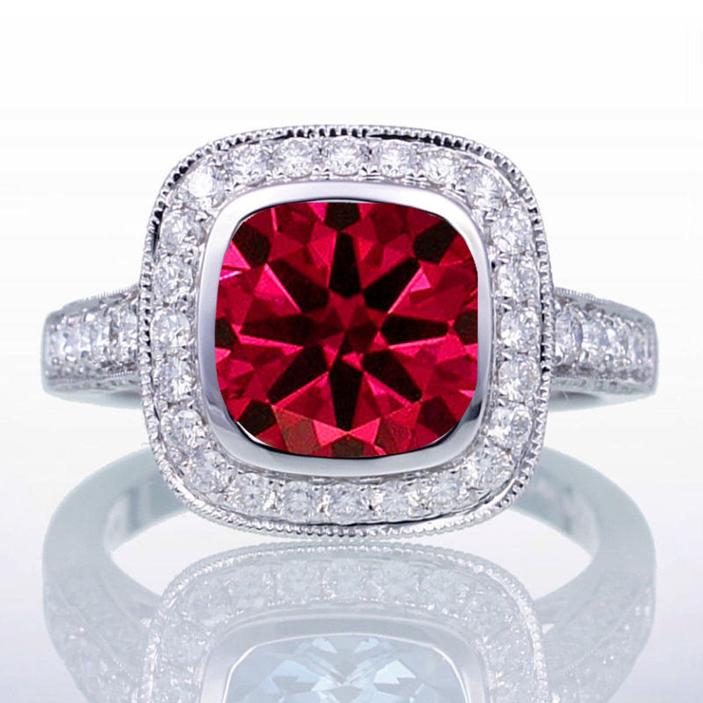 1.5 Carat Cushion Cut Ruby and Diamond Halo Vintage Engagement Ring for ...