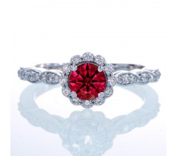 1.5 Carat Round Cut Emerald and Diamond Flower Vintage Designer Engagement Ring on 10k White Gold