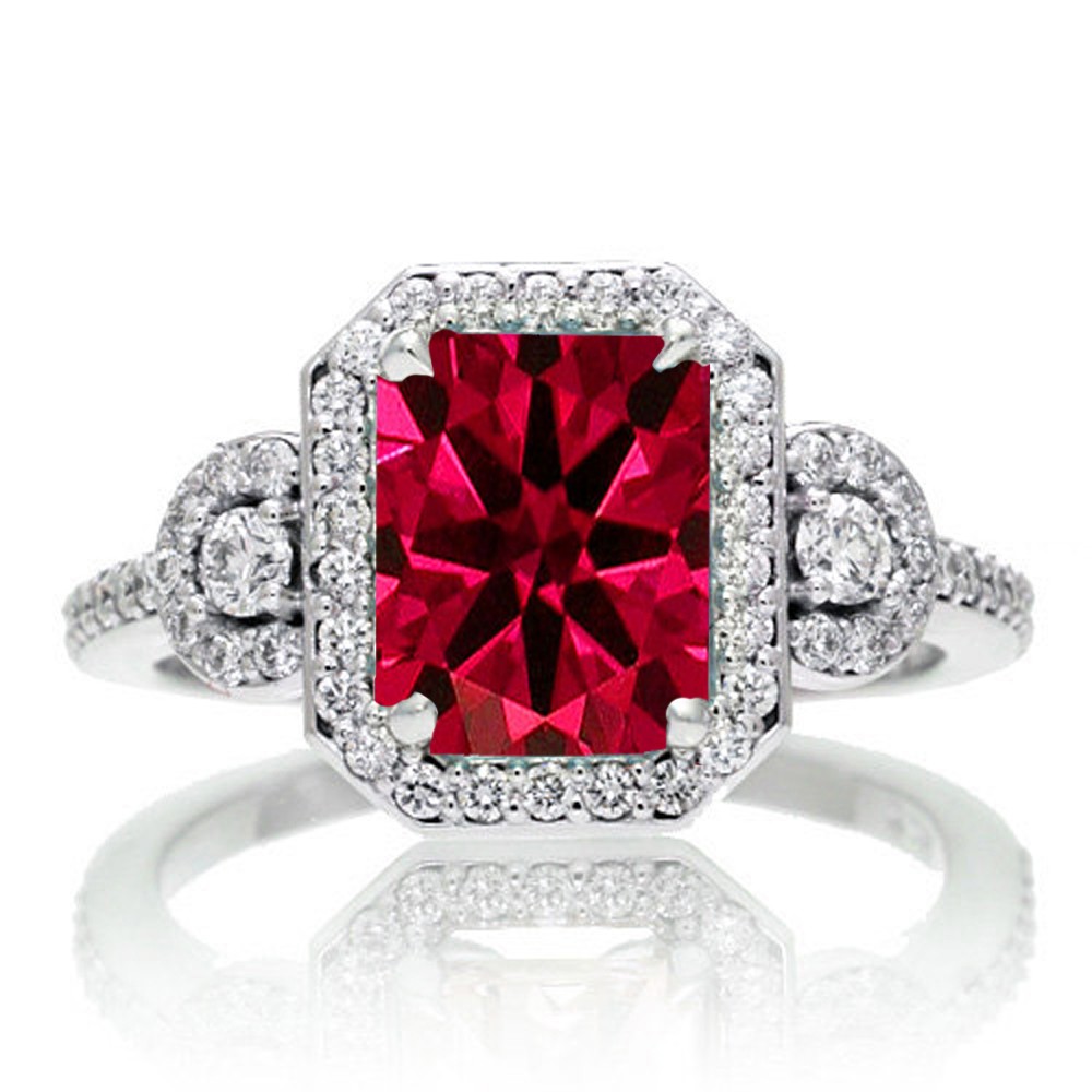 1.5 Carat Emerald Cut Three Stone Ruby Halo Diamond Ring on 10k White