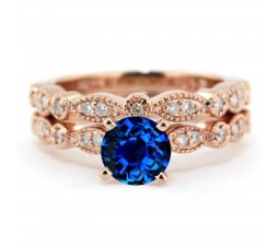 2.00 carat Round Cut Sapphire and Diamond Halo Bridal Set in 10k Rose Gold