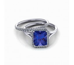 2.00 carat Emerald Cut Sapphire and Diamond Halo Bridal Set in 10k White Gold
