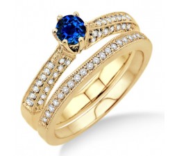 2 Carat Sapphire and Diamond Antique Bridal Set Engagement Ring on 10k Yellow Gold