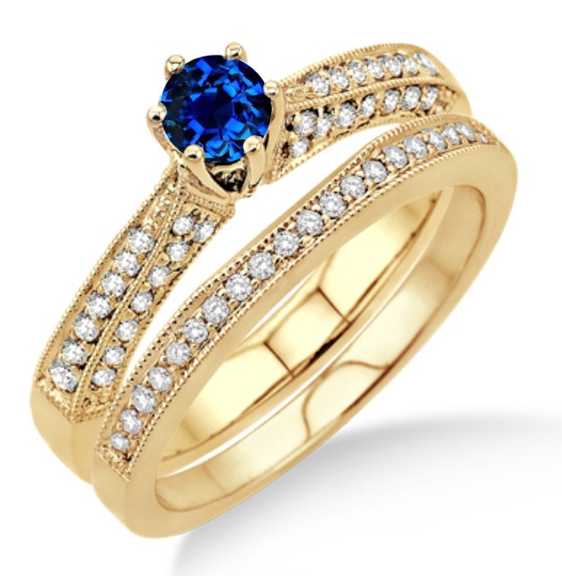 2 Carat Sapphire and Diamond Antique Bridal Set Engagement Ring on 10k ...