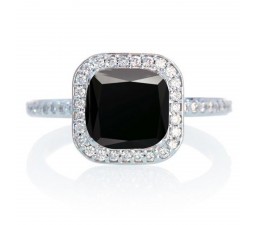 1.5 Carat Cushion Cut Classic Black Diamond and diamond Halo Multistone Engagement Ring on 10k White Gold