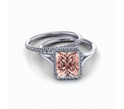 3.00 carat Emerald Cut Morganite and Diamond Halo Bridal Set in 10k White Gold