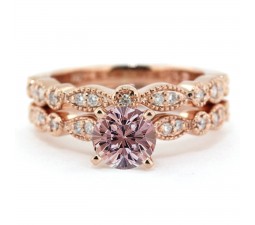 2.00 carat Round Cut Morganite and Diamond Halo Bridal Set in 10k Rose Gold