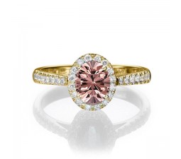 1.50 carat Oval Cut Morganite and Diamond Halo Engagement Ring in 10k Yellow Gold