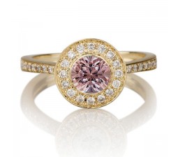 1.25 carat Round Cut Morganite and Diamond Halo Engagement Ring in 10k Yellow Gold
