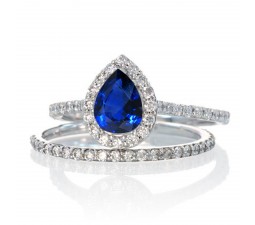 2 Carat Pear Cut Sapphire Halo Bridal Set for Woman on 10k White Gold