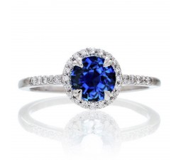 1.5 Carat Round Cut Sapphire Halo Classic Diamond Engagement Ring on 10k White Gold