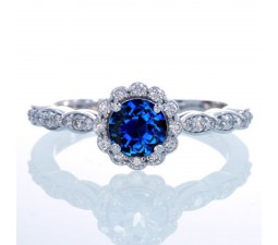 1.5 Carat Round Cut Sapphire and Diamond Flower Vintage Designer Engagement Ring on 10k White Gold