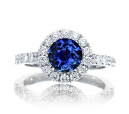 1.5 Carat Round Classic Halo Sapphire and Diamond Engagment ring on 10k White Gold