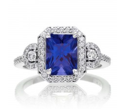 3 Carat Emerald Cut Sapphire and White Diamond Halo Engagement Ring on 10k White Gold