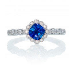 1.25 Carat Cushion Cut Classic Flower Design Antique Sapphire and Diamond Engagement Ring on 10k White Gold
