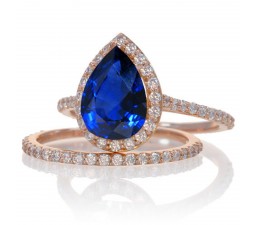 2 Carat Sapphire and Diamond Halo Bridal Ring Set on 10k Rose Gold