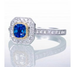 1.5 Carat Princess Cut Designer Vintage Sapphire with Diamond Halo Ring on 10k White Gold