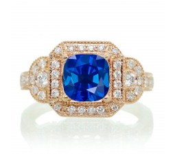 2 Carat Vintage Round Cut Sapphire and Diamond Designer Halo Wedding Ring on 10k Rose Gold