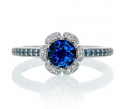 1.5 Carat Unique Flower Halo Round Sapphire and Diamond Engagement Ring on 10k White Gold