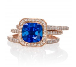 2.25 Carat Perfect Princess cut Sapphire and Diamond Trio Halo Wedding Ring Set on 10k White Gold