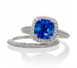 2.5 Carat Cushion Cut Designer Sapphire and Diamond Halo Wedding Ring Set on 10k White Gold