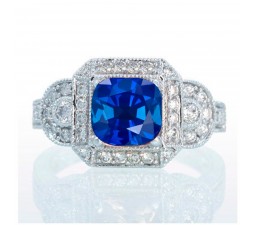 1.5 Carat Vintage Princess Cut Sapphire and Diamond Designer Halo Engagement Ring on 10k White Gold
