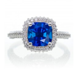 1.5 Carat Cushion Cut Designer Sapphire and Diamond Halo Engagement Ring on 10k White Gold