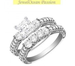 1 Carat Princess cut Diamond Three Stone Diamond Bridal Set On 10K White Gold