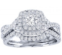 Huge 2 Carat Round Diamond Halo Bridal Ring Set in White Gold