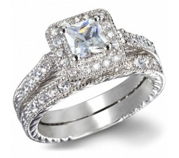 GIA Certified 1 Carat Princess cut Diamond Vintage Wedding Ring Set in White Gold