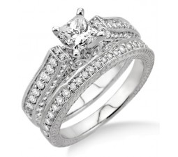 2.10 Carat Antique Bridal Set Engagement Ring with Princess Cut Diamond in 10k White Gold